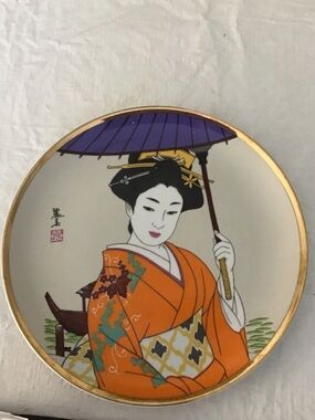 Orange Geisha Decorative Plate with Purple Parasol #215